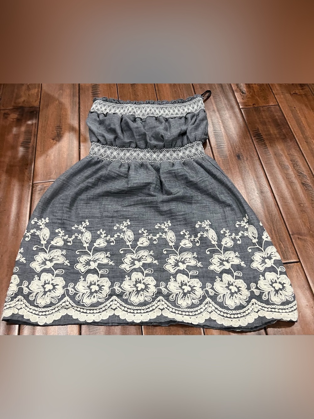 Papaya Gray Strapless Dress with Cream Floral Embroidery